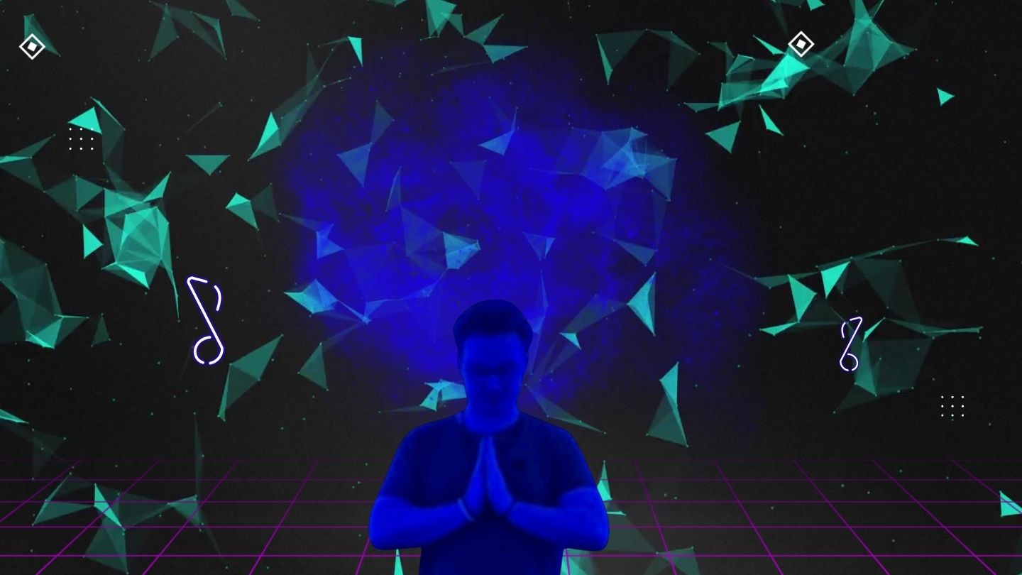 Electronic performer surrounded by stage-light geometry